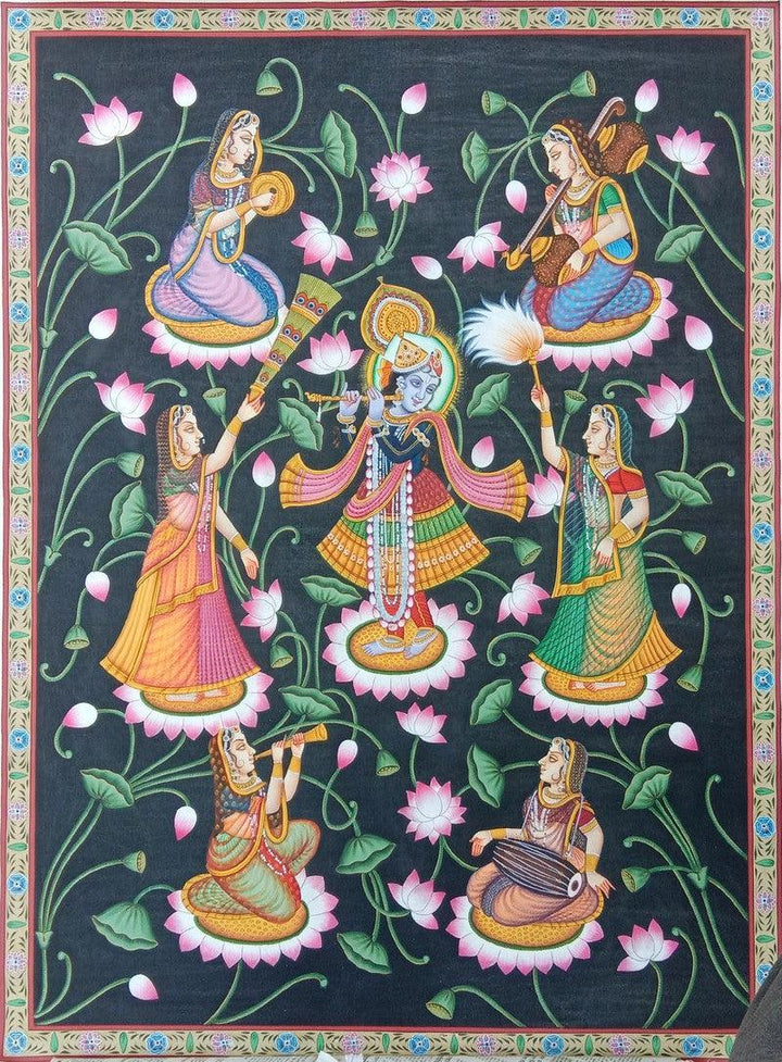 Shree Krishna Lotus Traditional Art by Surkhi Arts | ArtZolo.com