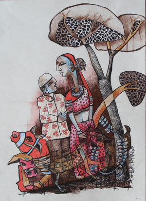 Figurative mixed media painting titled 'Silence', 15x10 inches, by artist Shilpa Bansod on Paper