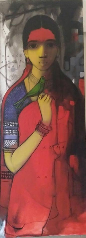 Simplicity (Untitled) by Sachin Sagare, Original Acrylic Figurative Painting on Canvas, Medium Vertical Wall Art