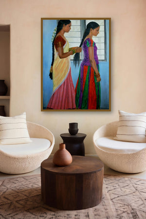 Sisters (Rural Rhythms) by artist Vishalandra Dakur displayed in a Indian Art gallery