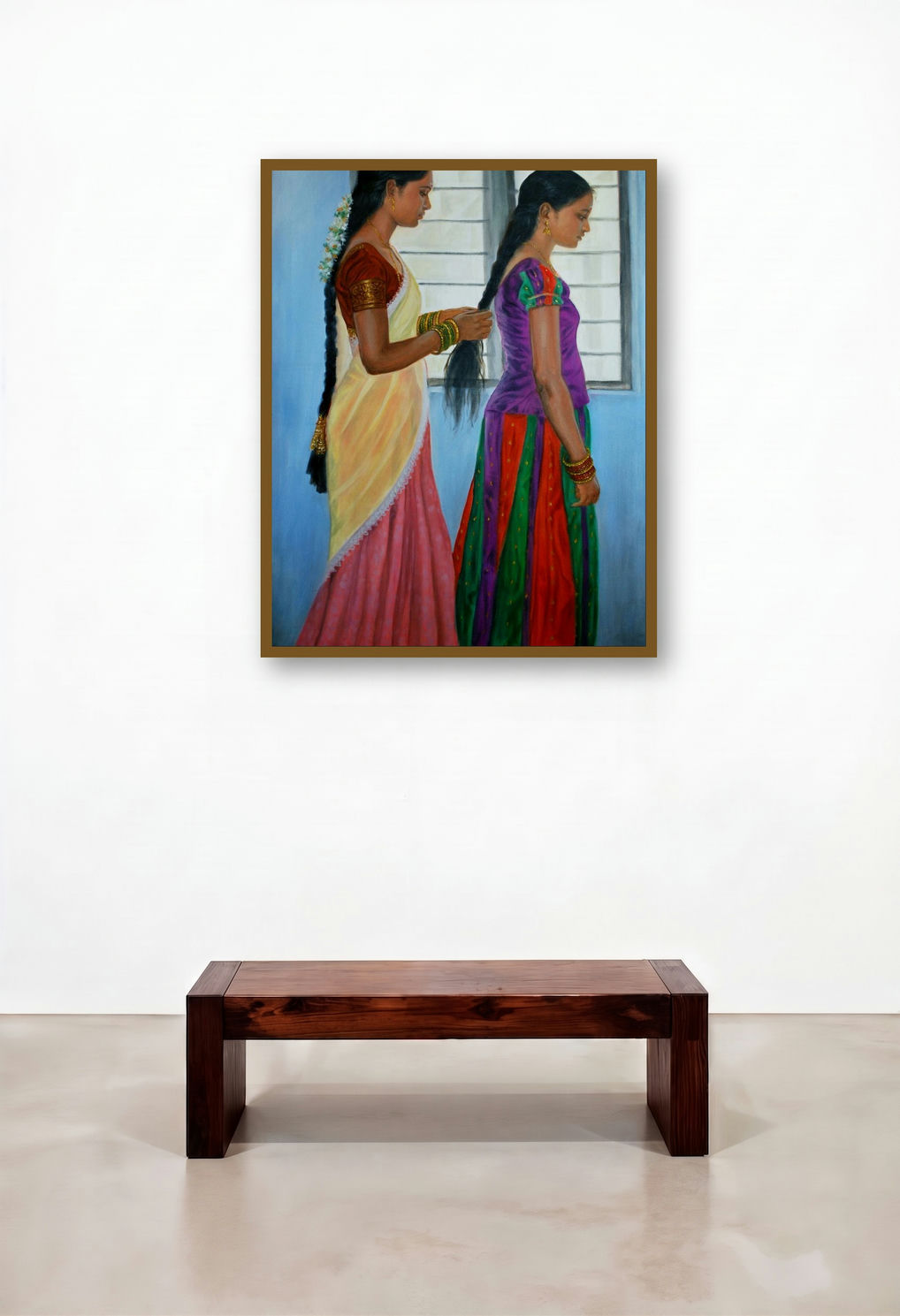 Sisters (Rural Rhythms) by artist Vishalandra Dakur displayed in a Modern Executive Office