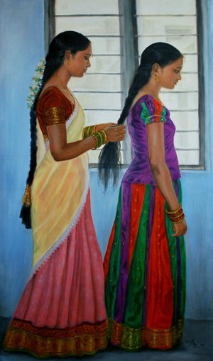 Sisters (Rural Rhythms) by Vishalandra Dakur, Original Oil Figurative Painting on Canvas, Large Vertical Wall Art