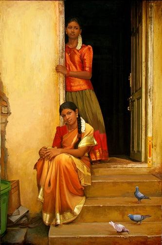 Figurative oil painting titled 'Sisters', 24x16 inches, by artist S  Elayaraja on Canvas