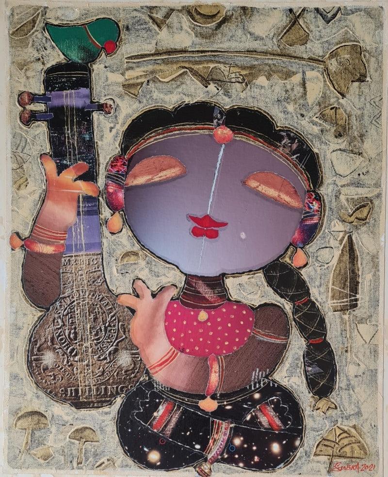 Figurative mixed media painting titled 'Sitar Vadan', 22x18 inches, by artist G Subramanian on Canvas