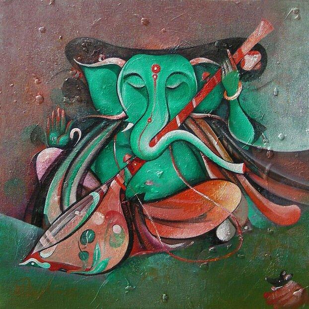 Sitting Ganesha Playing Sitar Painting by M Singh | ArtZolo.com