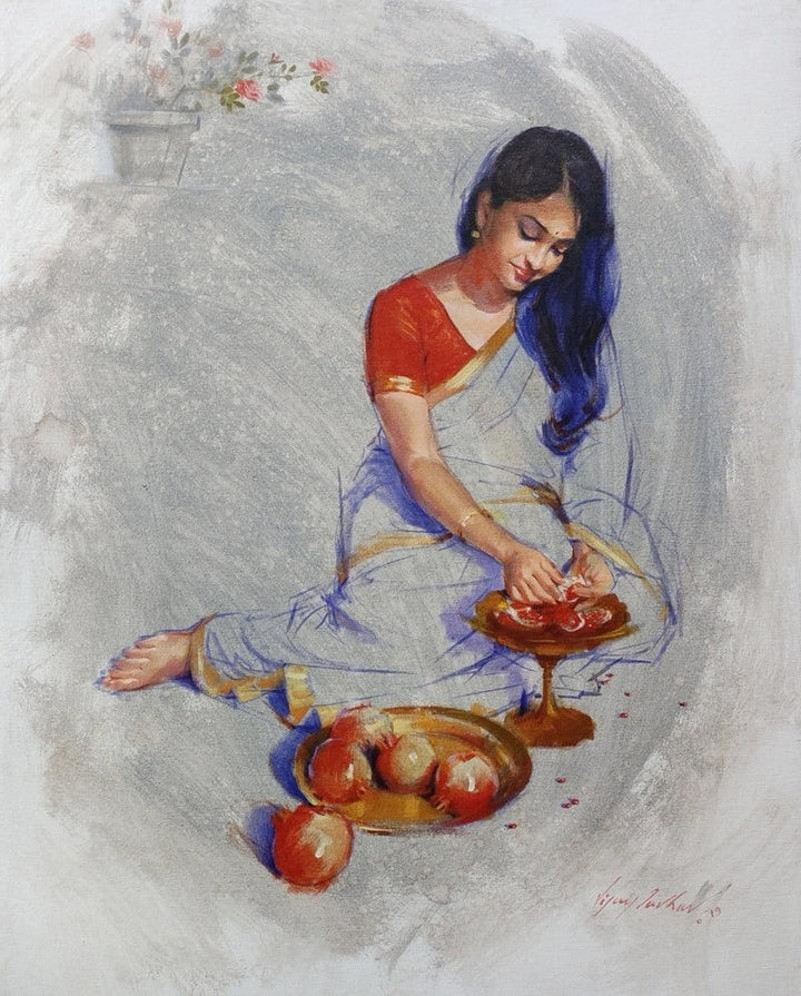 Sitting Lady Painting by Vijay Jadhav | ArtZolo.com