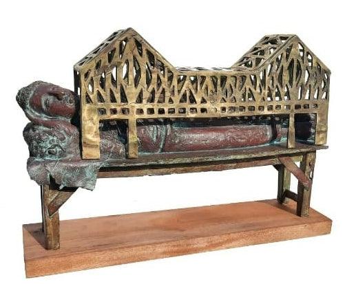 Religious sculpture titled 'Sleeping Buddha', 12x18x5 inches, by artist Rakesh Sadhak on Metal