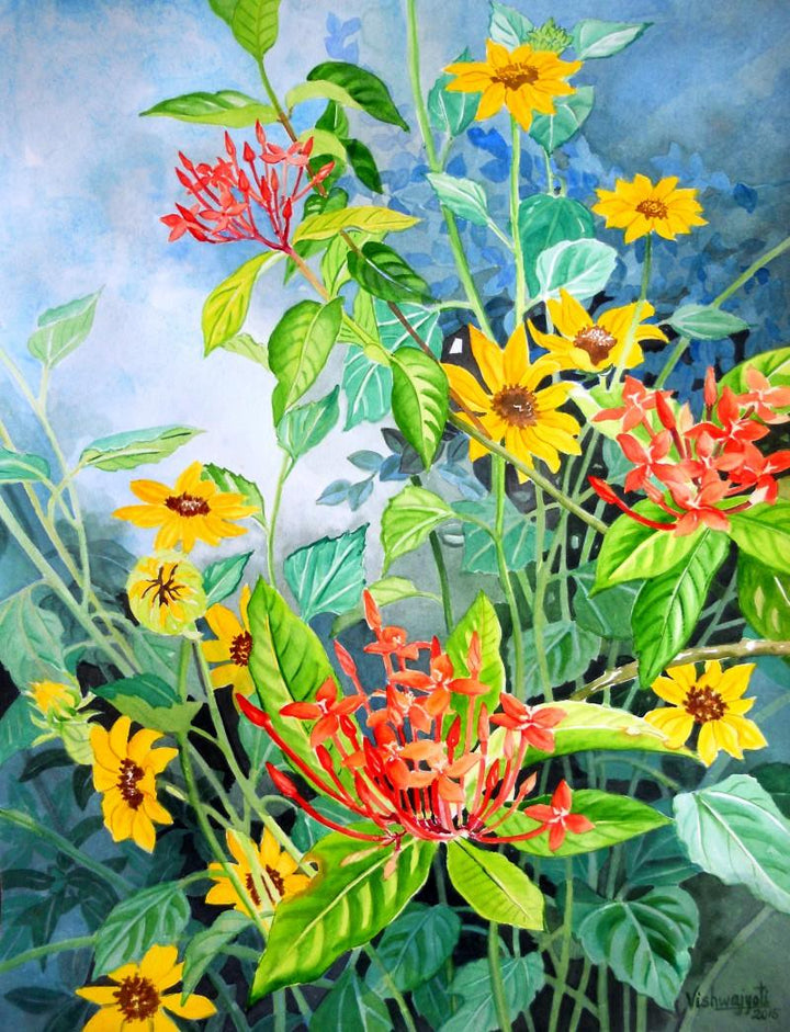 Small Sunflowers And Ixora Coccinea Painting by Vishwajyoti Mohrhoff | ArtZolo.com