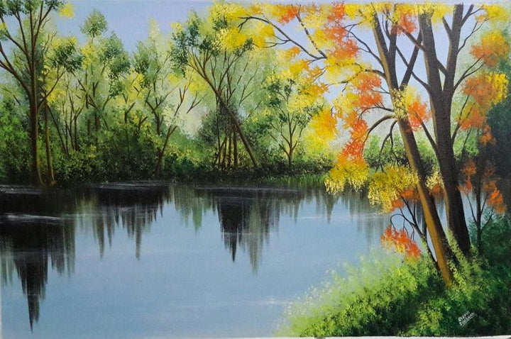 Spring Trees Near Lakeside Painting by Reema Ravindran | ArtZolo.com