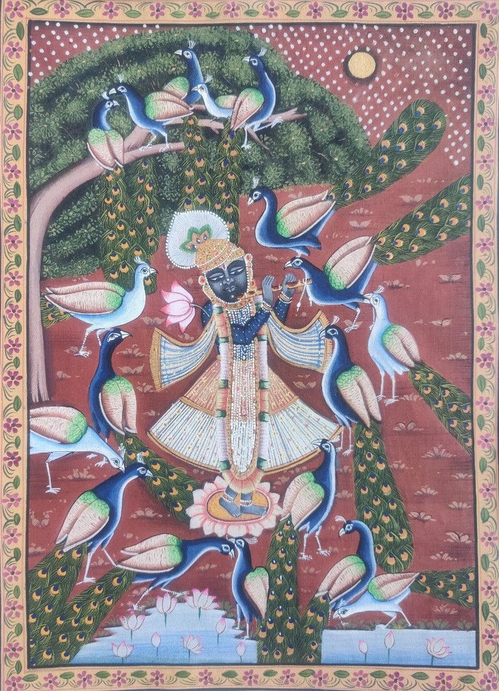 Sreenathji With Peacock Traditional Art by Pichwai Art | ArtZolo.com