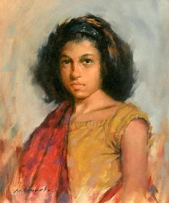 Figurative oil painting titled 'Stare', 18x14 inches, by artist Mahesh Soundatte on Canvas