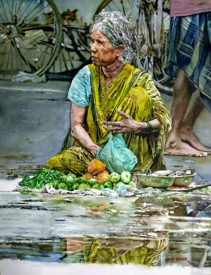 Street Seller Old Lady Painting by Dr Uday Bhan | ArtZolo.com