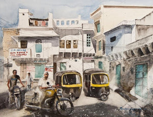 Cityscape watercolor painting titled 'Streets Of Udaipur', 16x12 inches, by artist Mrutyunjaya Dash on Paper