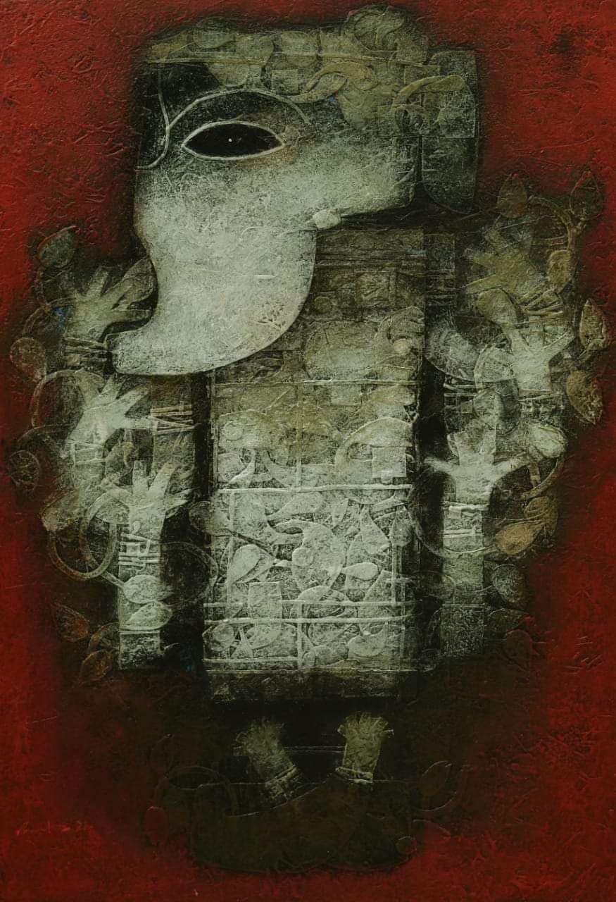 Religious mixed media painting titled 'Sumukh', 48x30 inches, by artist Basuki Dasgupta on Canvas