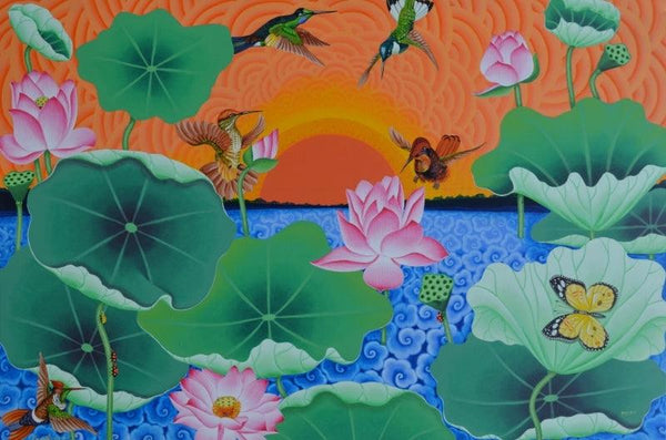 Sun Bird Are Playing In The Lotus Pond Painting by Ramu Das | ArtZolo.com