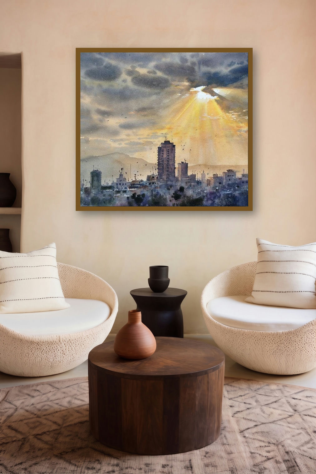 Sun Light (Golden Rays Over the City) by artist Nanasaheb Yeole displayed in a Boutique gallery