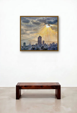 Sun Light (Golden Rays Over the City) by artist Nanasaheb Yeole displayed in a Scandinavian Lounge