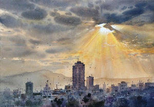 Sun Light (Golden Rays Over the City) by Nanasaheb Yeole, Original Watercolor Landscape Painting on Paper, Small Horizontal Wall Art