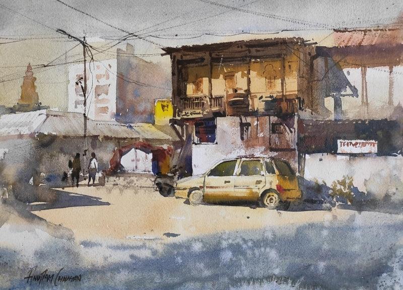 Cityscape watercolor painting titled 'Sunbath', 10x30 inches, by artist Anupam Chauhan on Paper