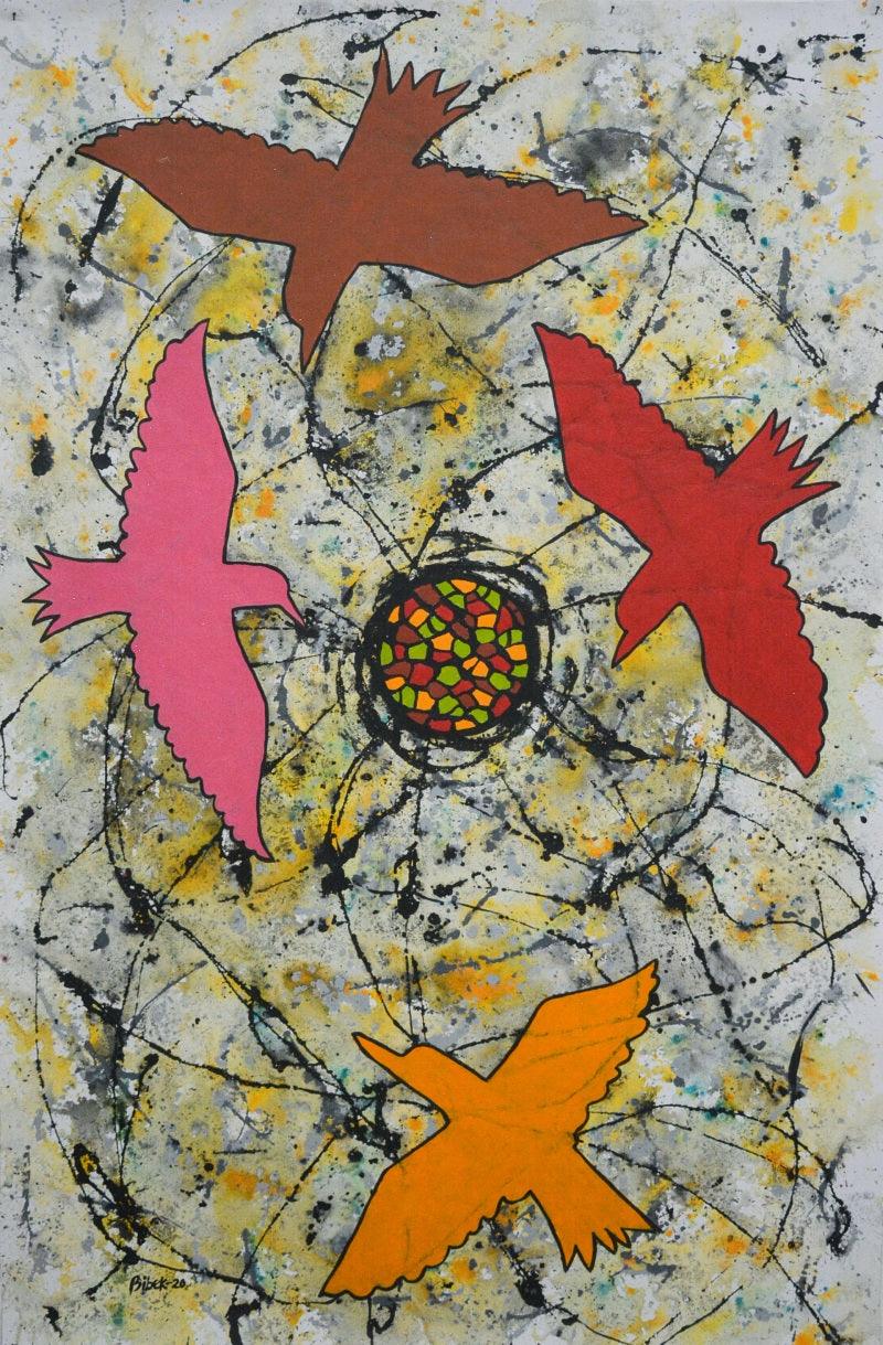 contemporary mixed media painting titled 'Sunrise', 48x32 inches, by artist Bibekananda Santra on Canvas