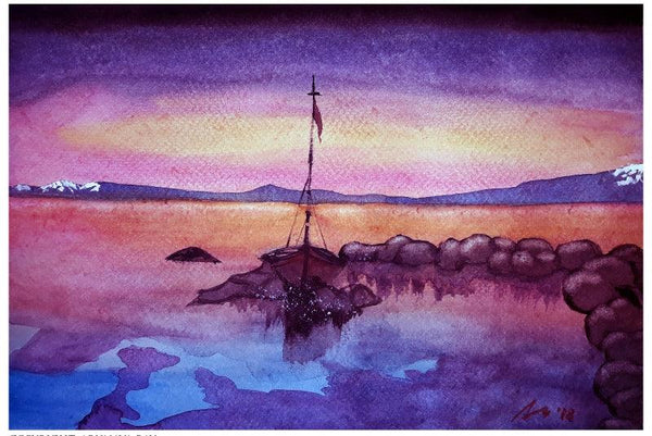 Sunrise At Lake Tahoe Sierra Nevada Cali Painting by Arunava Ray | ArtZolo.com