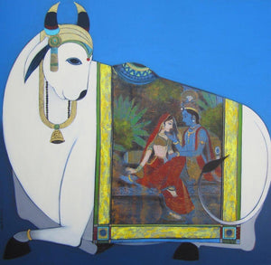 Religious acrylic painting titled 'Surabhi', 48x48 inches, by artist Ashok Rathod on Canvas