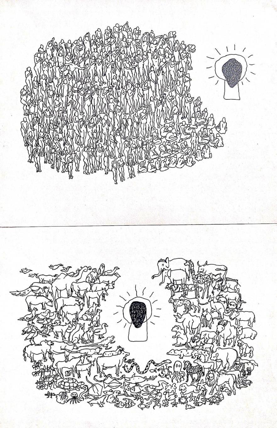 contemporary pen drawing titled 'Surrender', 24x12 inches, by artist Santosh Pattar on Paper