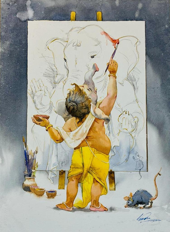 Swayam Ganesha Painting by Vasudeo Kamath | ArtZolo.com