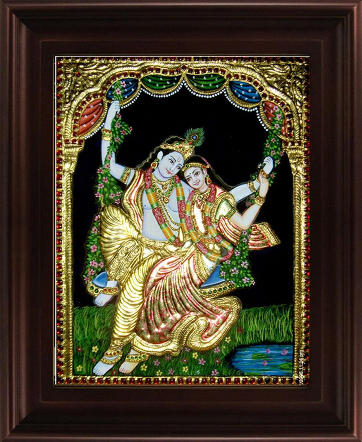 Swinging Radha Krishna Tanjore 2 Traditional Art by Myangadi | ArtZolo.com