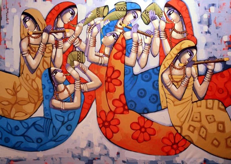 Figurative acrylic painting titled 'Symphony', 60x84 inches, by artist Sekhar Roy on Canvas