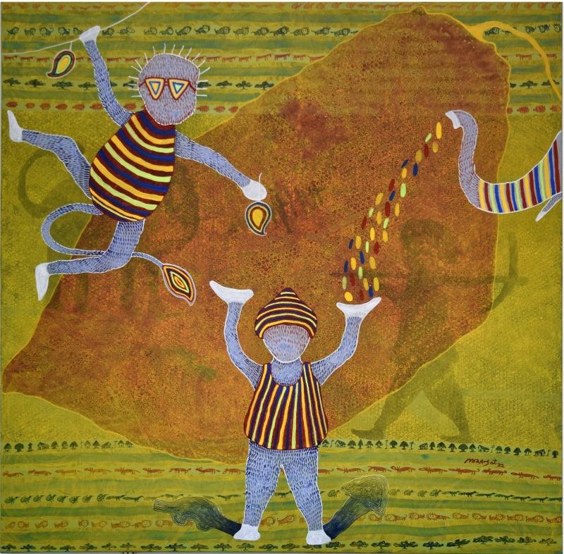 Figurative acrylic painting titled 'THE VILLAGE LIFE', 60x60 inches, by artist LAKHAN SINGH JAT on Canvas