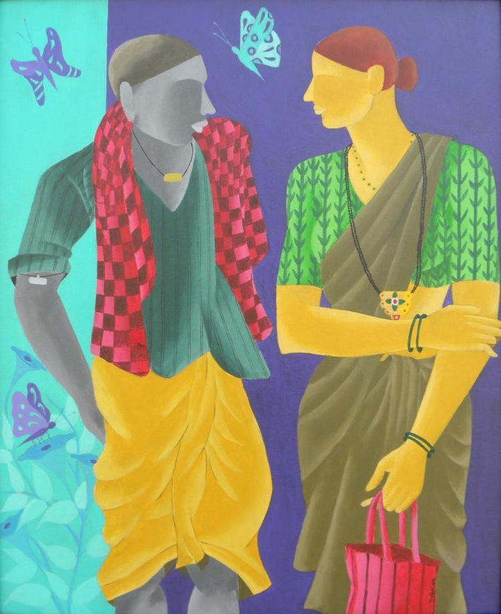Talking Couple Painting by Abhiram Bairu | ArtZolo.com