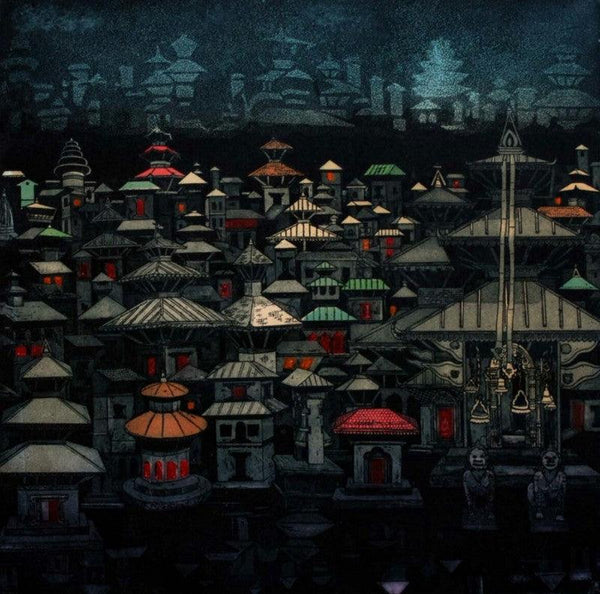 Temple And City 1 Printmaking by Uma Shanker Shah | ArtZolo.com
