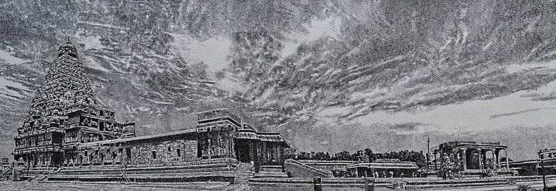 Religious mixed media drawing titled 'Temple', 10x28 inches, by artist Surya Murthy on Paper