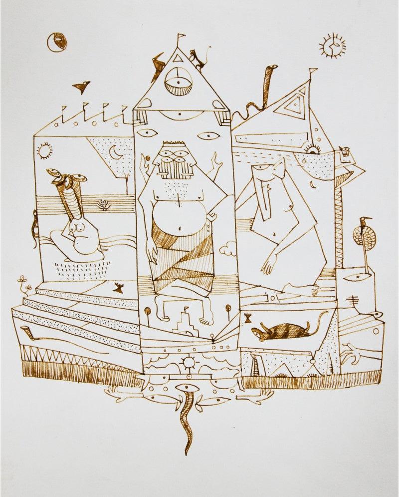 Figurative pen ink drawing titled 'Temple', 10x13 inches, by artist Darshan Mahajan on Paper