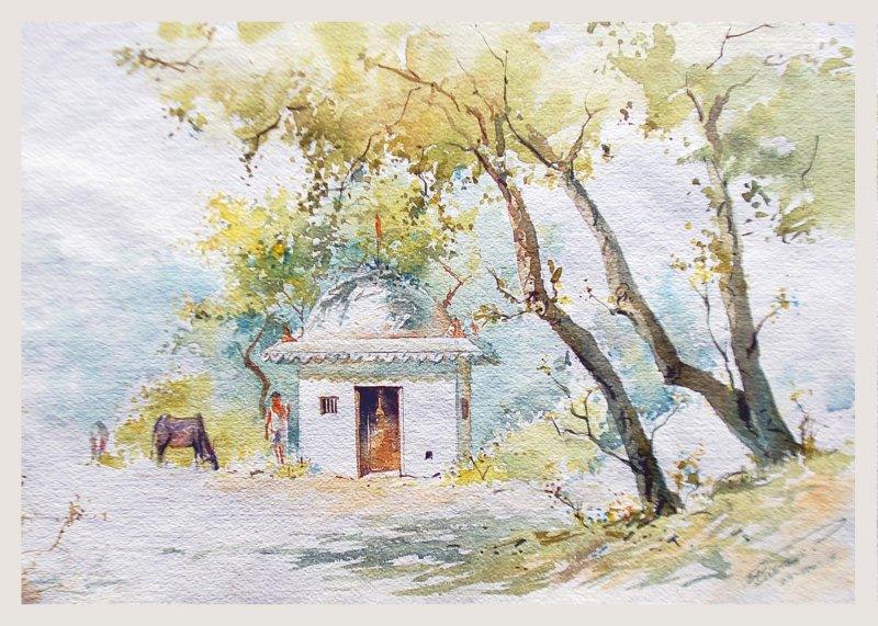 Landscape watercolor painting titled 'Temple', 25x19 inches, by artist Swapnil Mhapankar on Handmade Paper