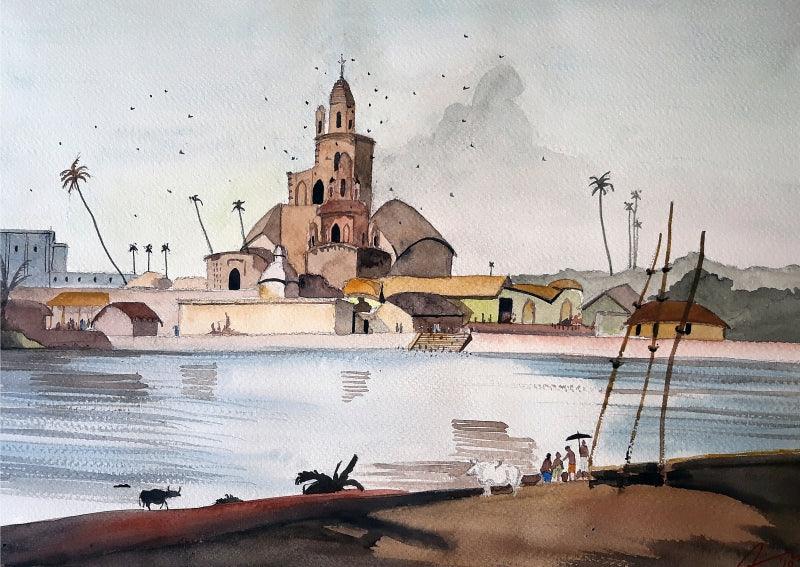 Cityscape watercolor painting titled 'Temple', 9x12 inches, by artist Arunava Ray on Paper