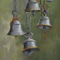Religious oil painting titled 'Temple Bells', 46x32 inches, by artist Kamal Rao on Canvas