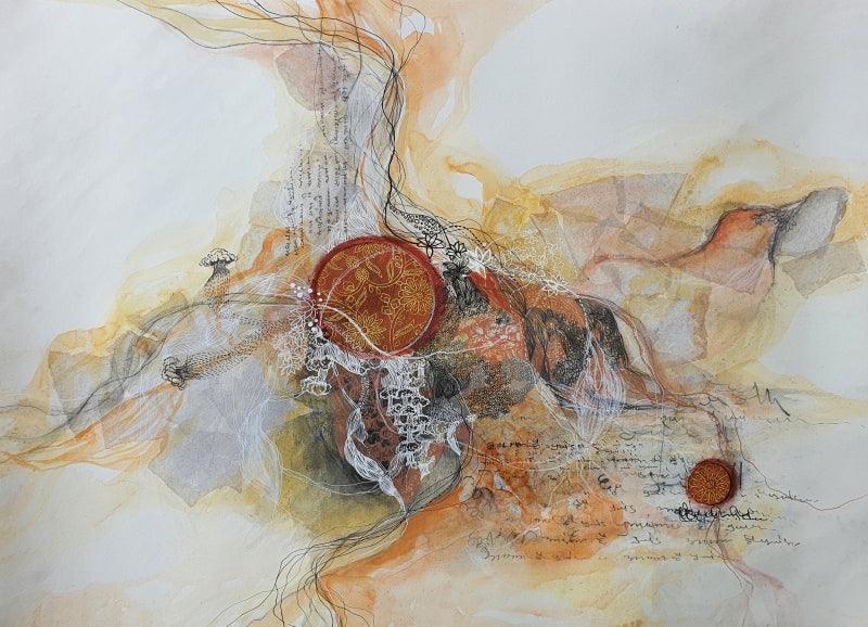 contemporary mixed media painting titled 'The Banyan', 17x23 inches, by artist Vanchha Dixit on Paper