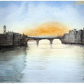 Cityscape watercolor painting titled 'The Bridge', 7x11 inches, by artist Arunava Ray on Paper