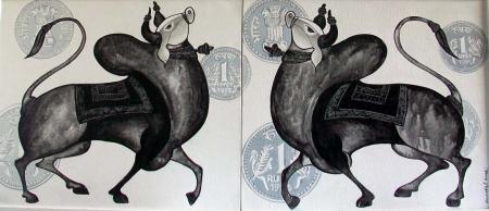 The Bull Pair Painting by Vivek Kumavat | ArtZolo.com