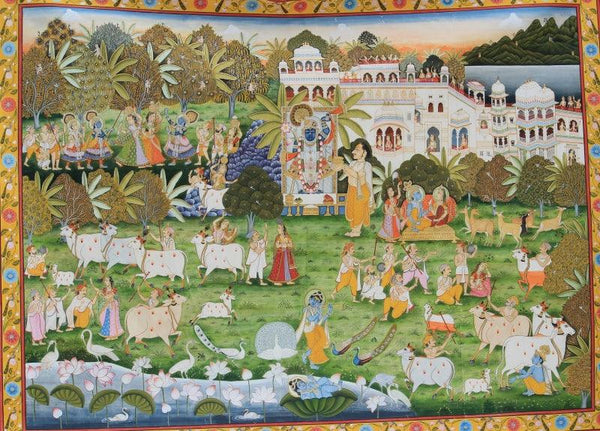 The City Of Krishna Gokul Pichwai Painti Traditional Art by Yugdeepak Soni | ArtZolo.com