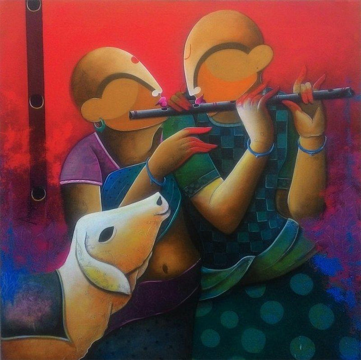 The Dual Flautist Painting by Anupam Pal | ArtZolo.com
