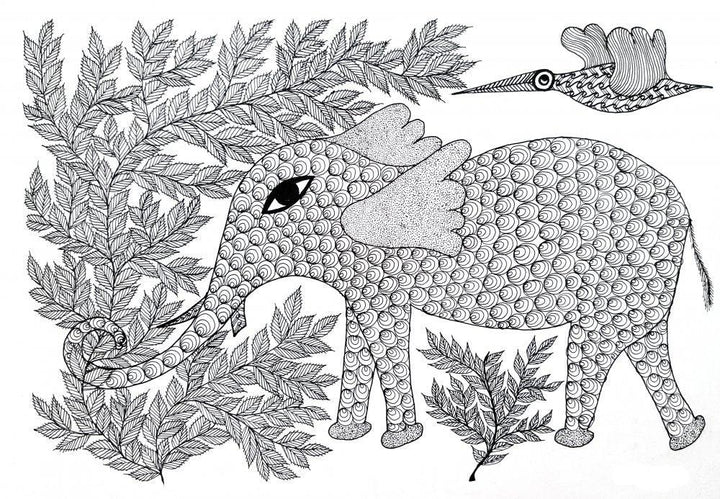 The Elephant Of Good Fortune Gond Art Traditional Art by Umaid Singh Patta | ArtZolo.com