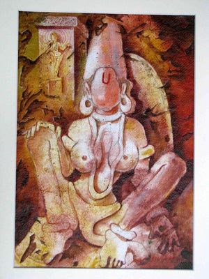 The Form Of Sculpture Viii (Guardian of the Wellspring) by Mahesh Pal Gobra, Original Acrylic Figurative Painting on Paper, X-Small Vertical Wall Art