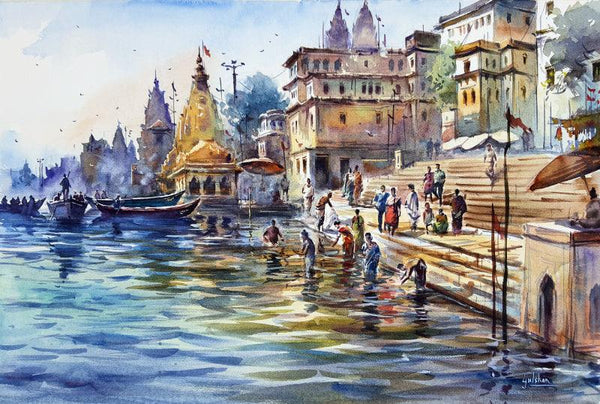 The Holy Dip At Kashi Banaras Painting by Gulshan Achari | ArtZolo.com