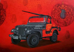 The Journey (War Machine) by Samir Sarkar, Original Acrylic Contemporary Painting on Canvas, X-Large Horizontal Wall Art