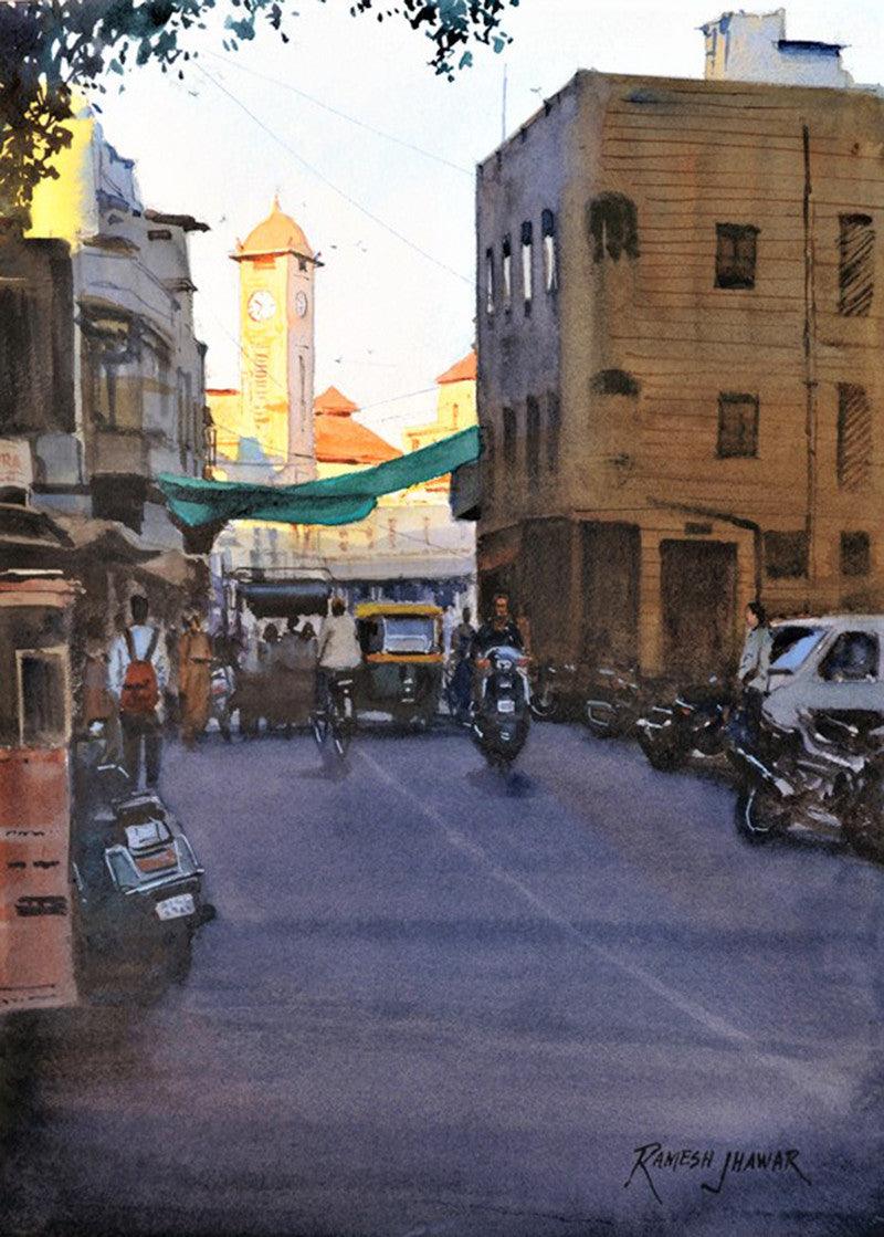 Cityscape watercolor painting titled 'The Last Light', 14x10 inches, by artist Ramesh Jhawar on Paper