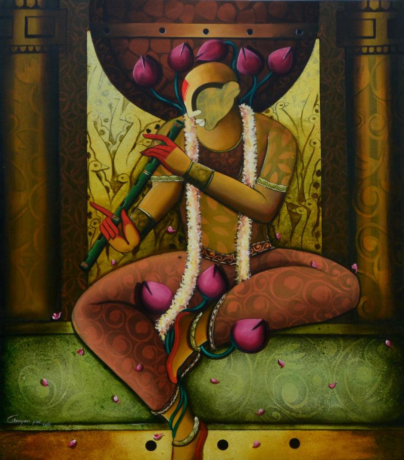Religious acrylic painting titled 'The Mesmerizing Tunes', 48x54 inches, by artist Anupam Pal on canvas