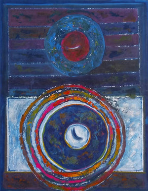 The Moon (Cosmic Dance) by Samruddhi Patil, Original Mixed Media Abstract Painting on Paper, Medium Vertical Wall Art
